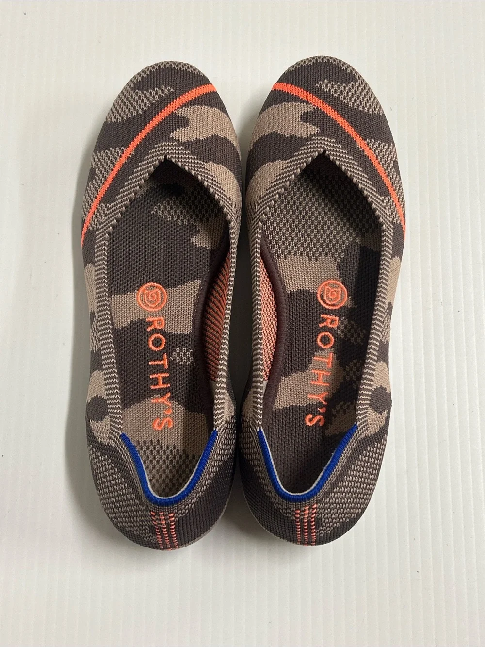 Rothy's The Flat Taupe Camo Neon Orange Stripe Knit Flats Women’s US 7.5 Retired
